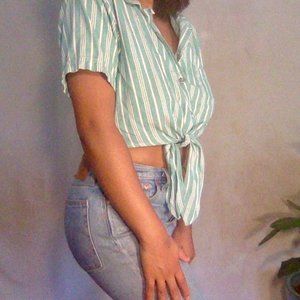 Vintage soft cotton striped teal tie crop top